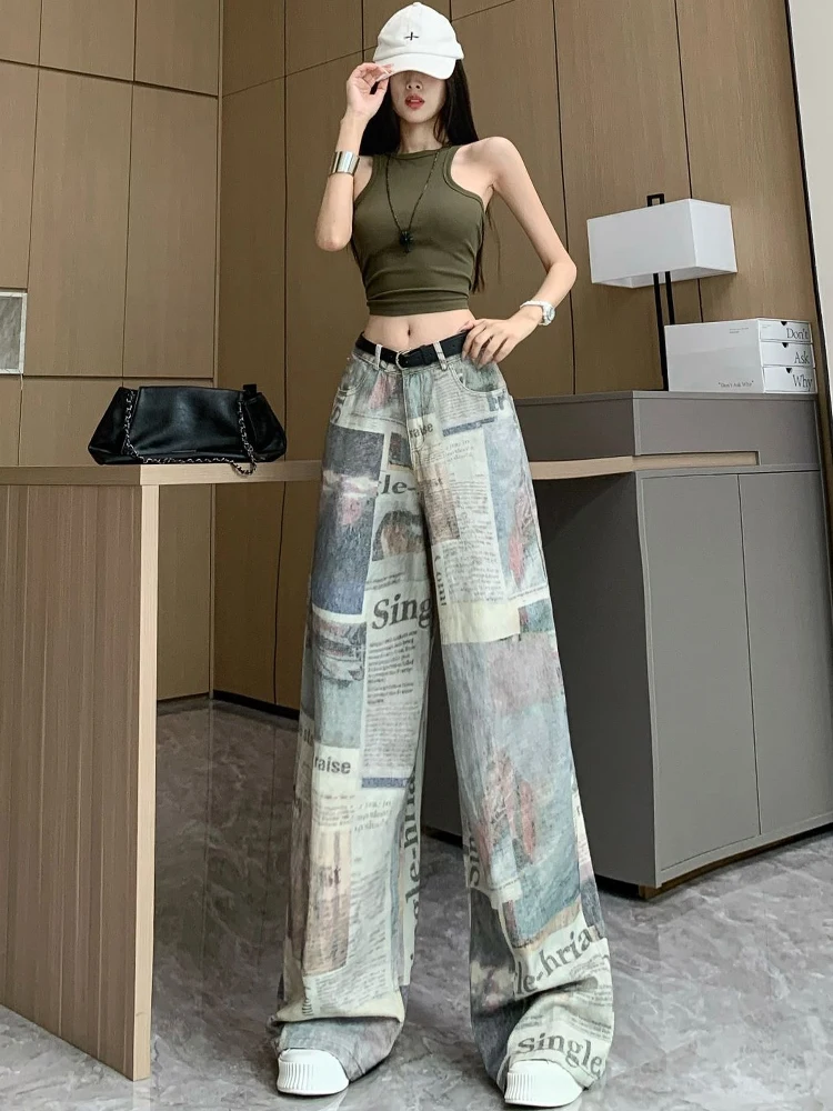 Celana jeans wanita model Amerika, potongan lebar, slim fit, pinggang tinggi, jatuh rapi, potongan lurus, panjang hingga lantai