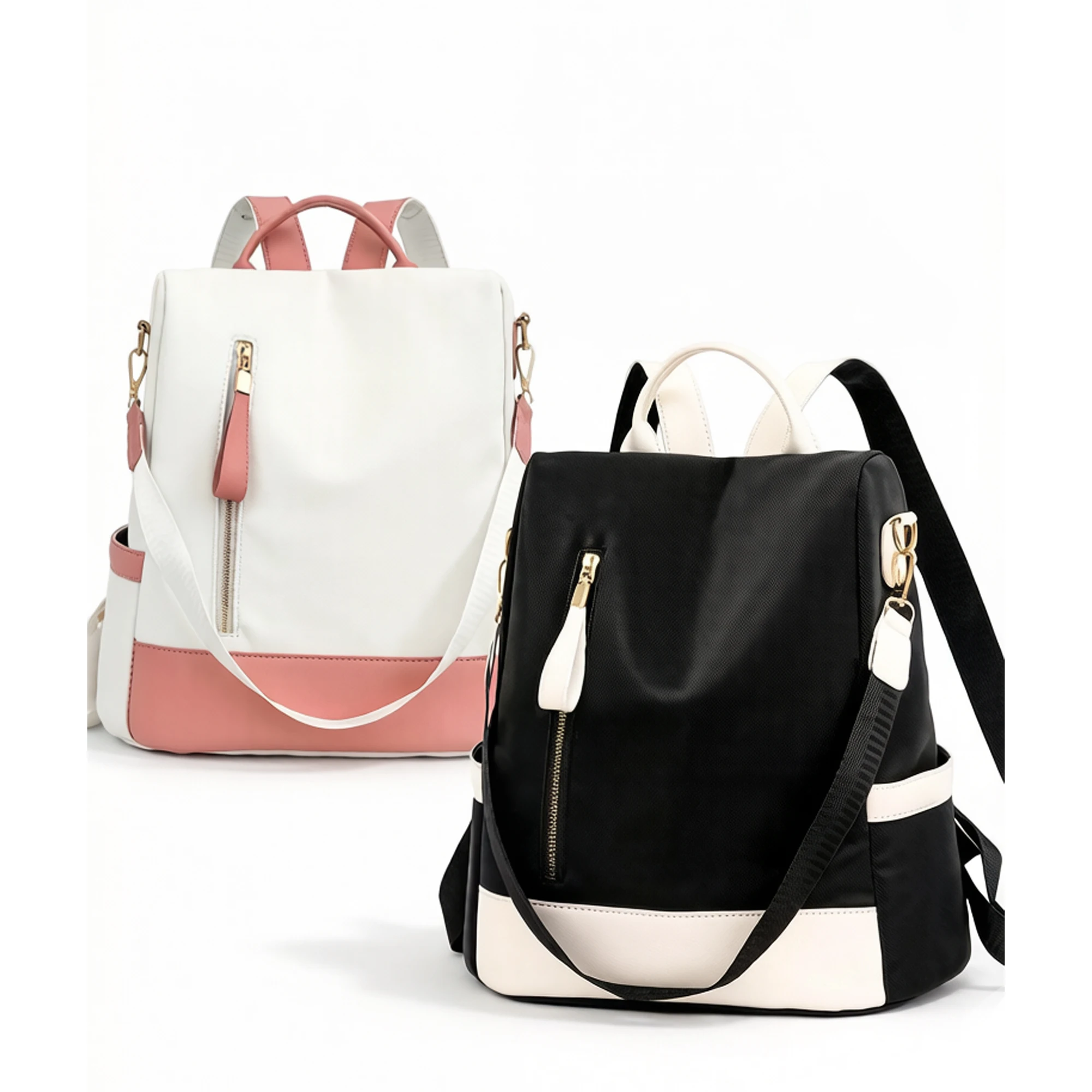Color blocking splicing women's backpack, dual use backpack for both shoulder and crossbody, with multiple zippered pockets and