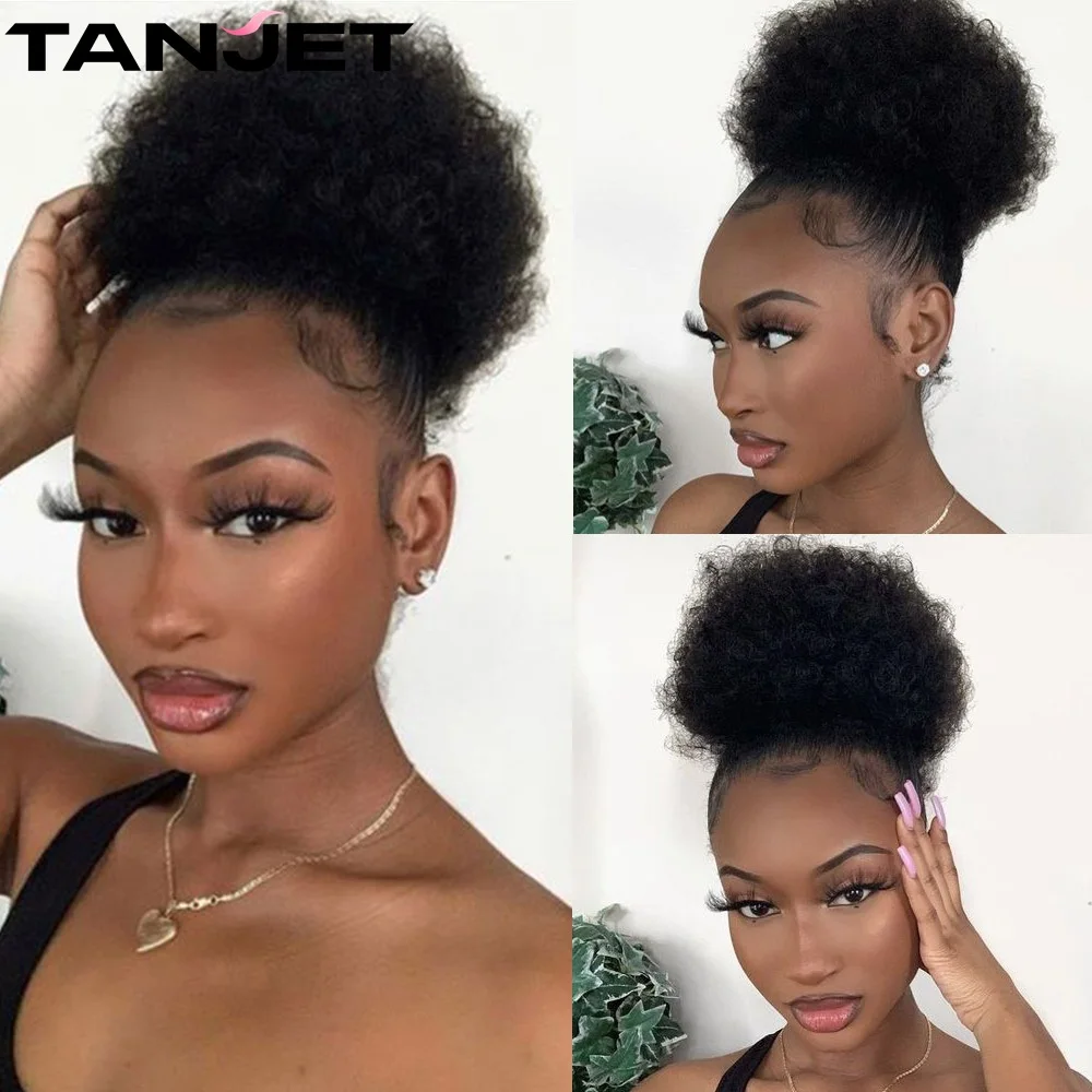 Tanjet afro kinky puff rabo de cavalo cabelo humano coque kinky encaracolado cordão rabo de cavalo extensões de cabelo brasileiro natural 6 Polegada chignon