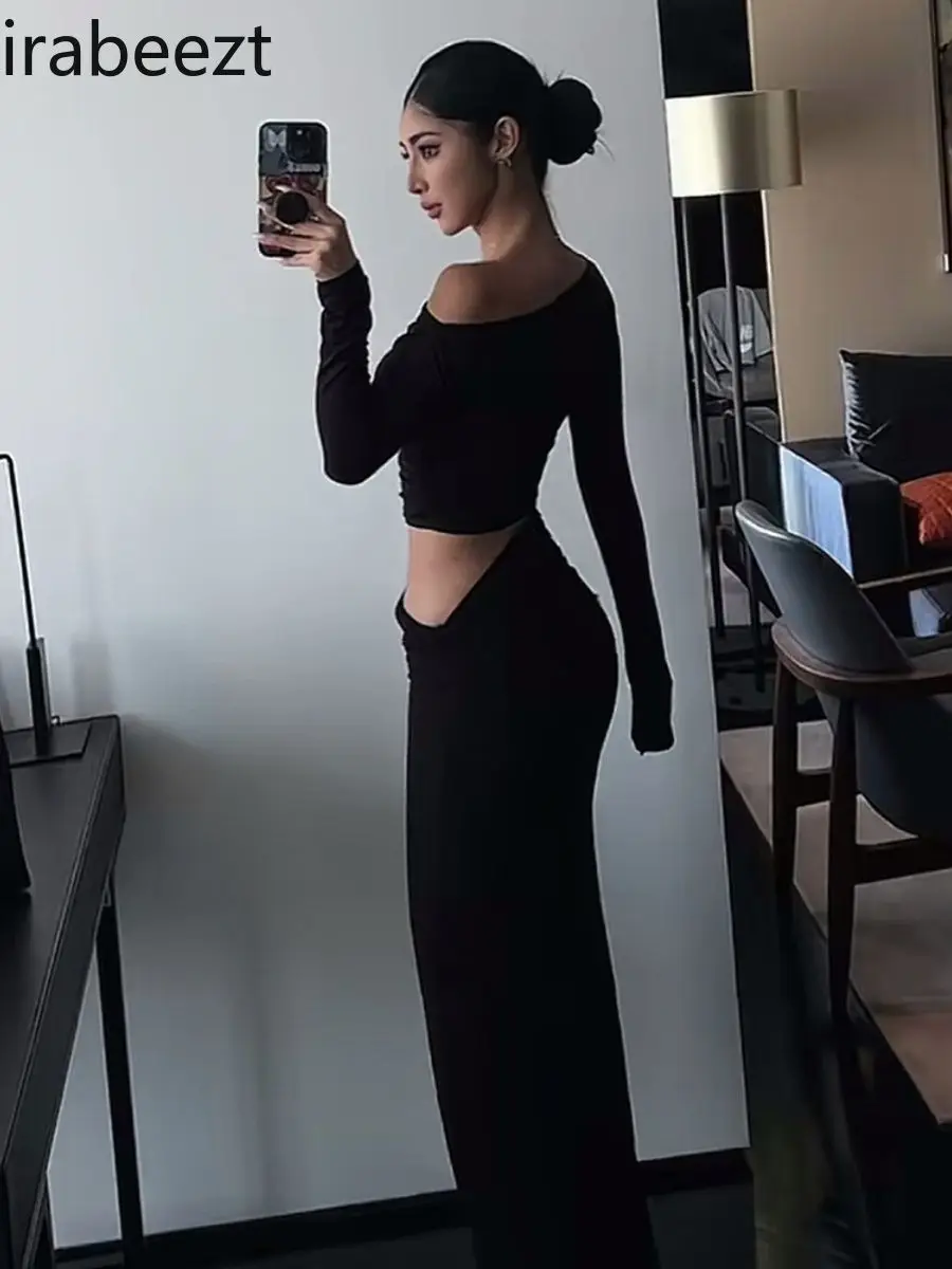 High Waist Pack Hip Skirt Sexy Irregular Oblique Shoulder Long Sleeve Blouse Trajes De Mujer Conjunto 2 Piezas Elegantes