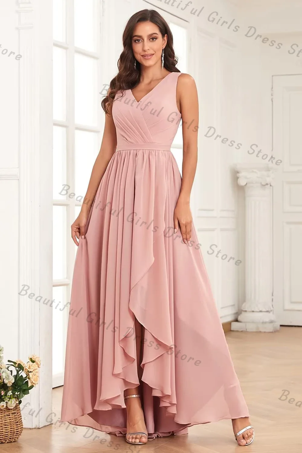 

Chiffon Off-the-shoulder V-Neck Bridesmaid Dresses Pleated Corset Evening Gowns Sleeveless Backless A-line Long Formal Prom Gown