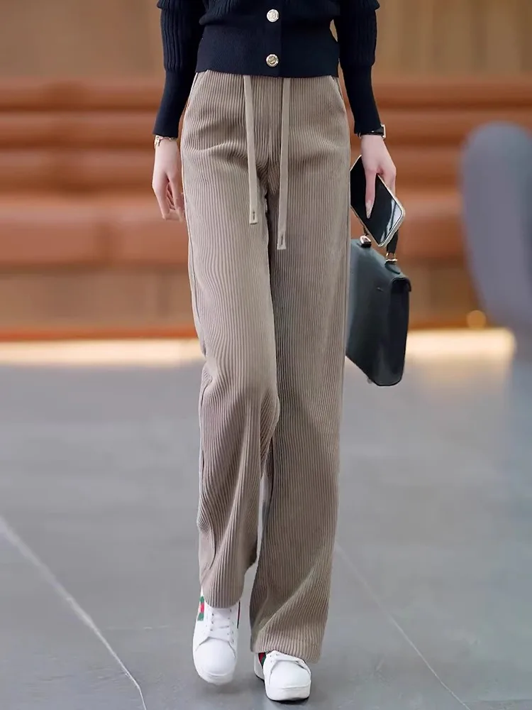 High Waist Corduroy Wide Leg Pants Women's Autumn Winter New Style Slim Fit Khaki Fleece Lined Straight Cut Trousers