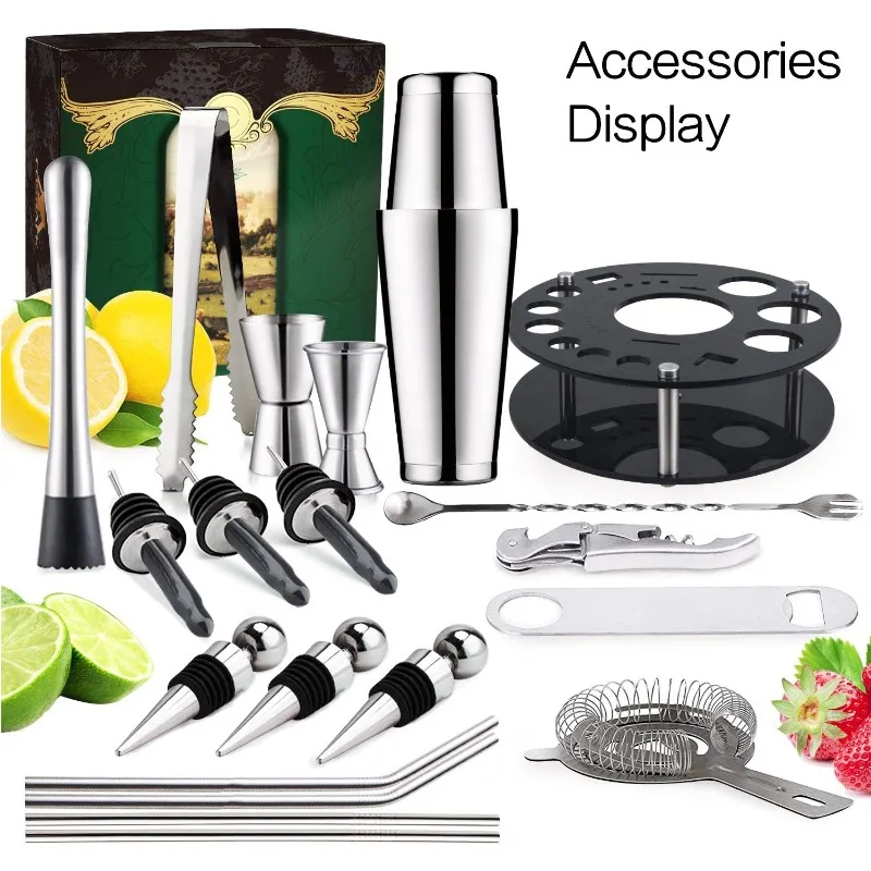 Acrylic Stand Eco-Friendly Bartender Supply Kit, Dual Size 600/750ml Stainless Steel Boston Cocktail Shaker Full Mixology Tools