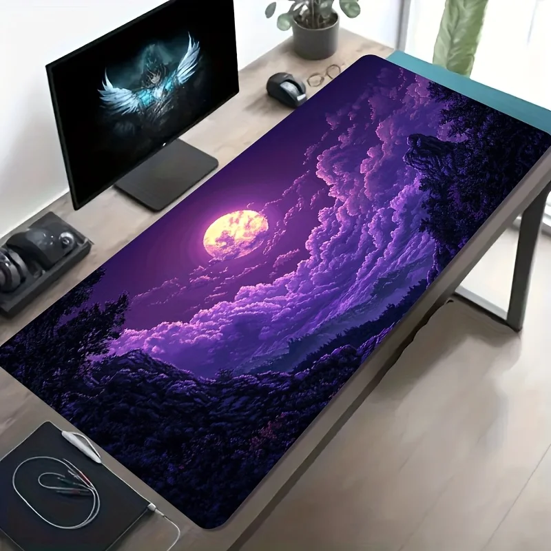 CIFBUY Large Gaming Mouse Pad Pixel Purple Moon Cloud Sea Non-slip Washable Rubber Base Oversized Desk Mat Office Computer Decor
