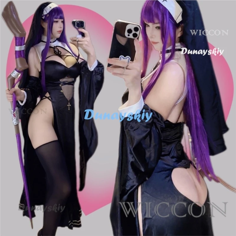 Frieren al funerale Doujin Nun felce costumi Cosplay felce costumi di Halloween per le donne felce vestito elastico Sexy parrucca vestito