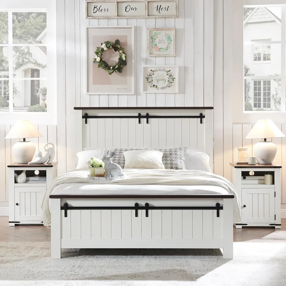 Wooden Bed Frame w/Groove Sliding Barn Door Footboard, Rustic Platform Bed w/Wood Slats Support, No Box Spring Needed, White