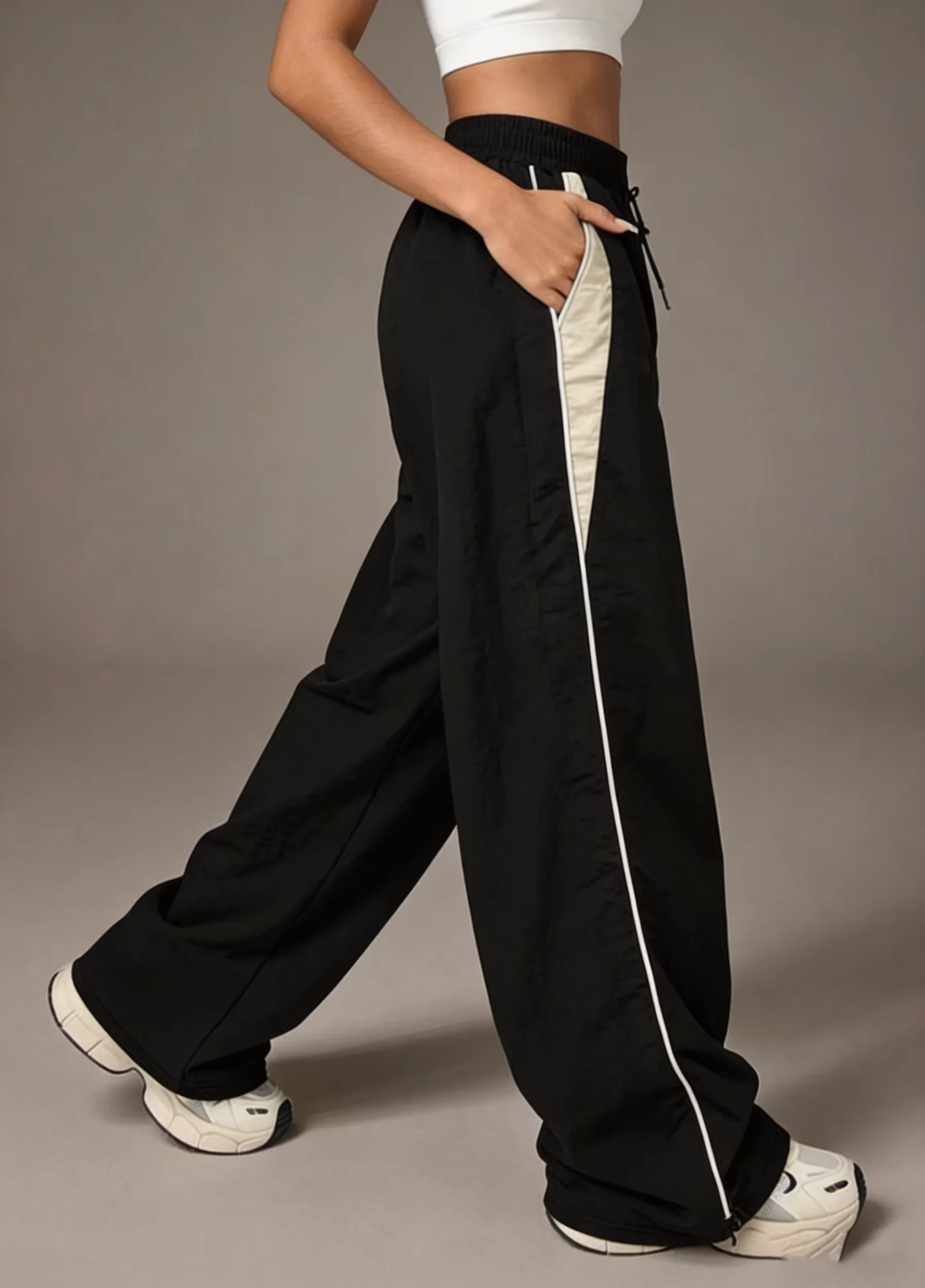 Women Casual Wide Leg Cargo Pants Drawstring Solid Streetwear Elastic Waist Sweatpants Loose Joggers Hip Hop Baggy Trousers