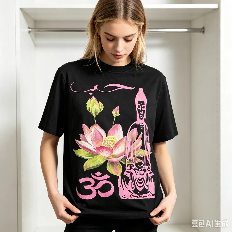 Lotus Buddha Print T-Shirt 100% Cotton Spiritual Meditation Graphic Tee Y2K Aesthetic Casual Yoga Lover Tops for Women