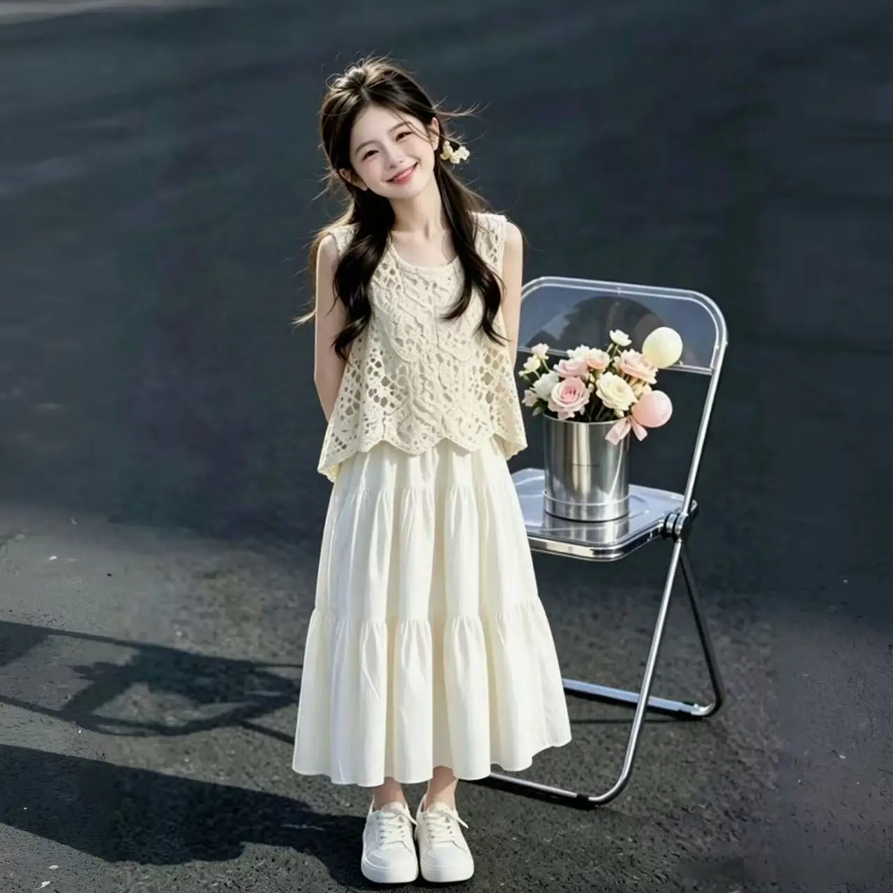 Girls' Summer Camisole Dress Two-piece Set 2026 New Children's and Teenagers' French Dress Hollow Top Set 5-14Y