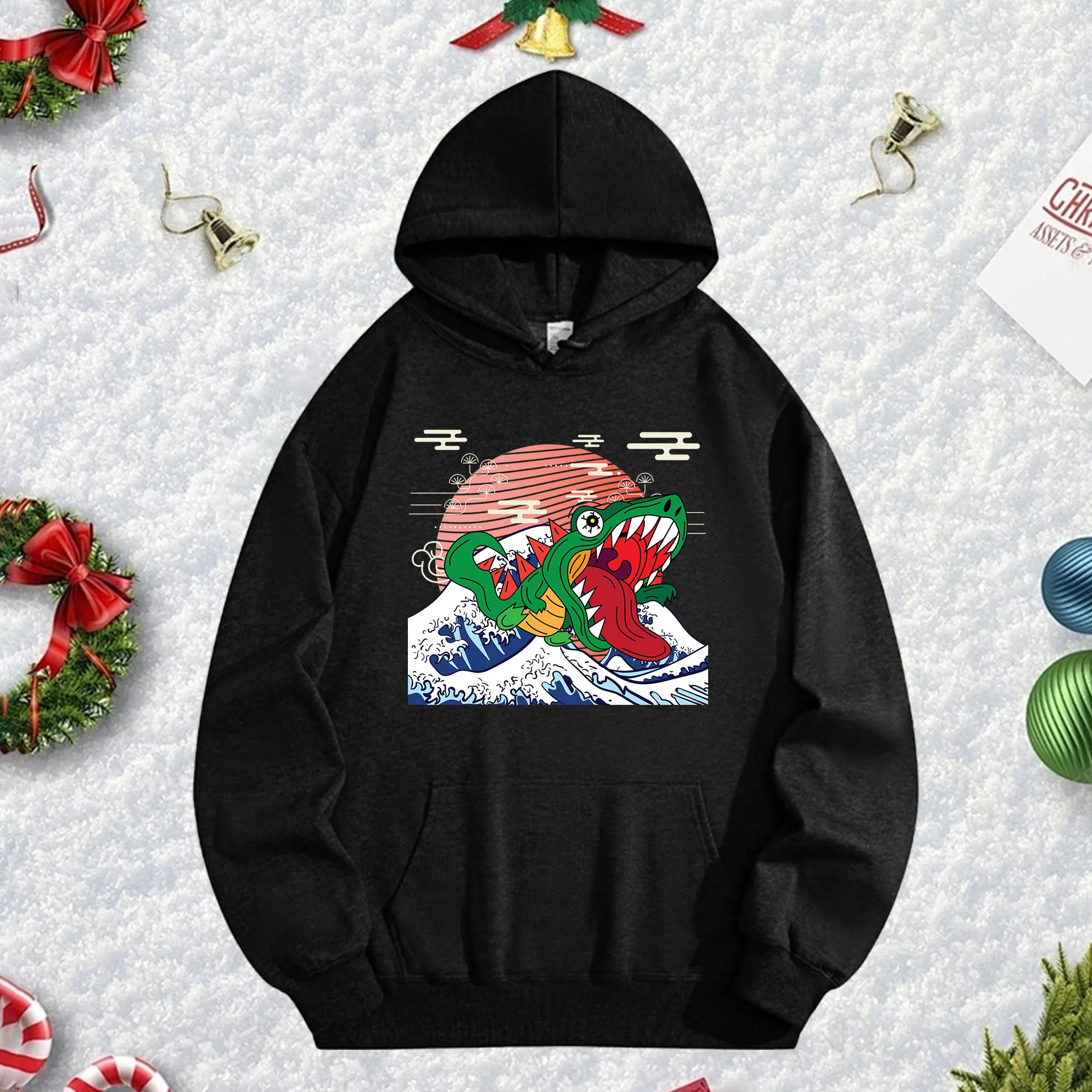 Crocodile 270G Black Unisex Hoodie, Soft Fleece Winter Pullover for Christmas Season & New Year Holiday Style