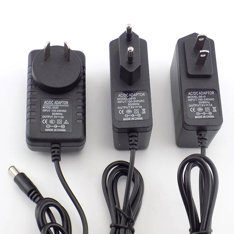 Fuente de alimentación de 5V y 2a CC, convertidor de 100V-240V, cargador de 2000mAh, 5,5mm x 2,1mm, enchufe estadounidense y europeo para tira LED CCTV Camer