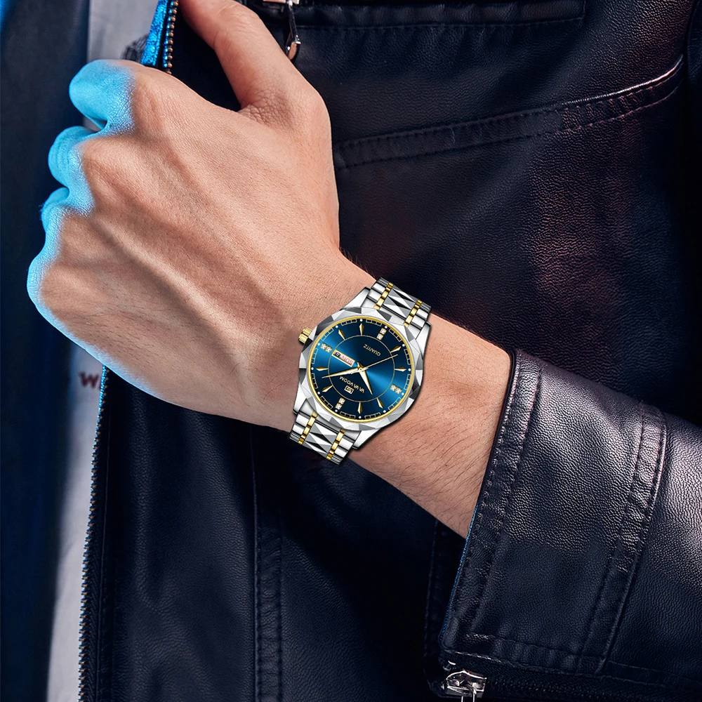 Fashion Men Quartz Watch 2023 New Stainless Steel Business Clock 3Bar Waterproof Blue Rhinestone Luxury Luminescence Wristwatch