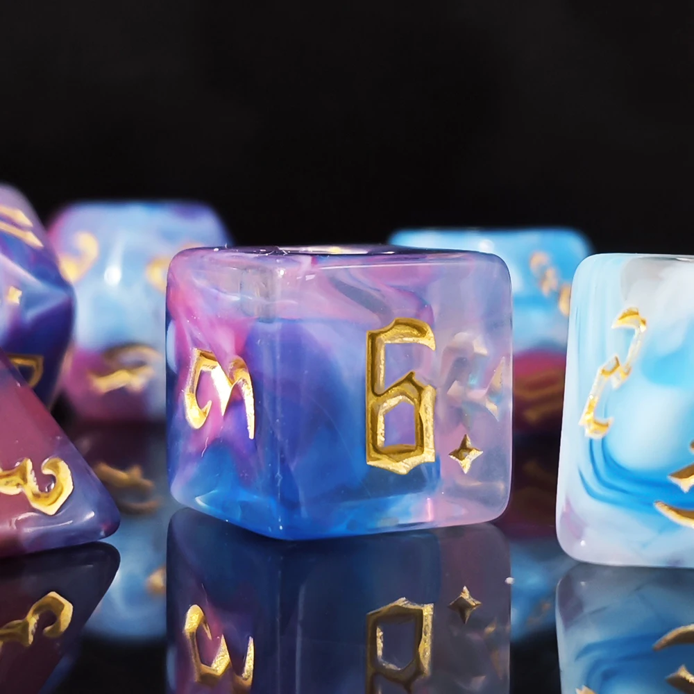7Pcs Purple Blue Pink Swirl Polyhedral Dice Set, Acrylic DND Dice with Gold Numbers for RPG, D&D, Tabletop Games