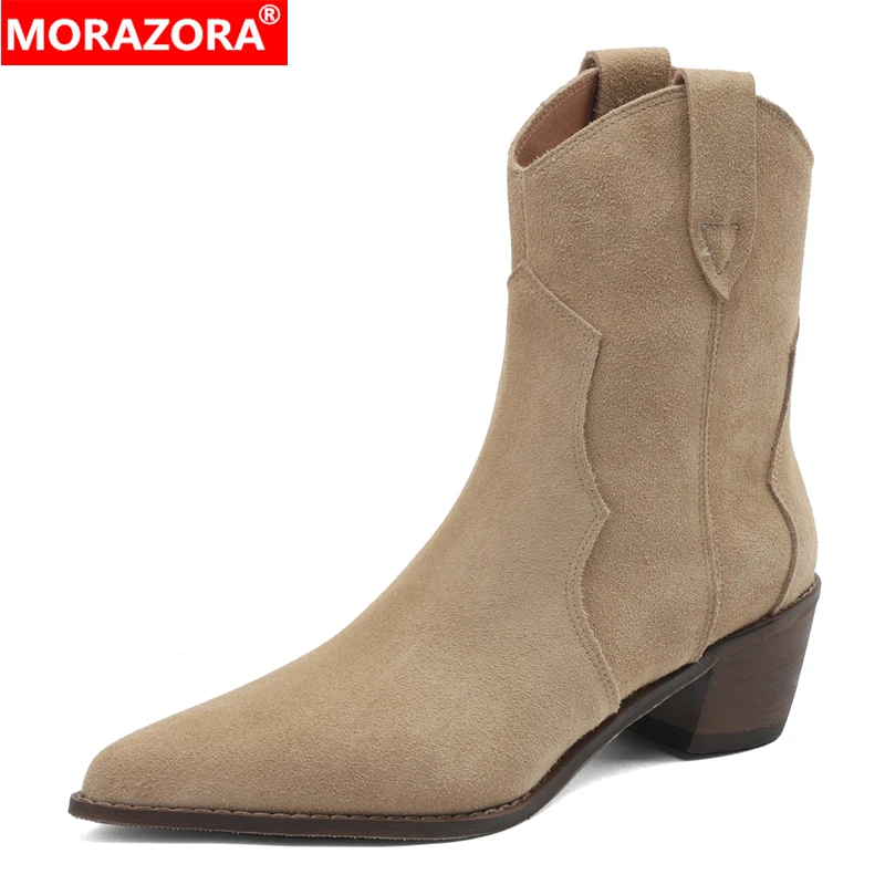 MORAZORA New Cow Suede Leather Ankle Boots For Women Pointed Toe Chunky High Heels Western Boots Autumn Winter Shoes Female