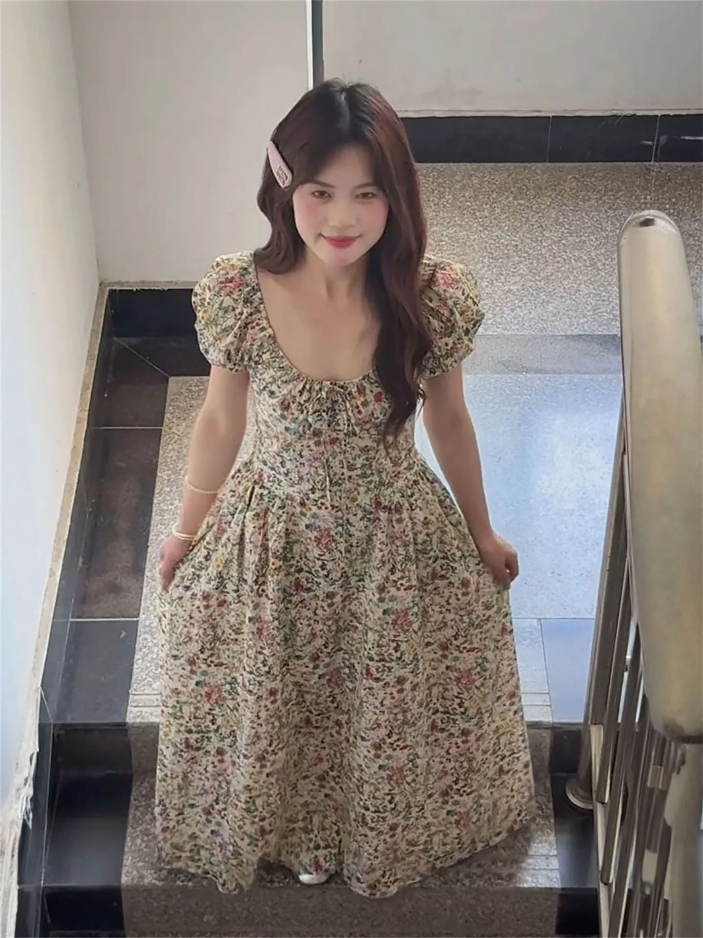 

Summer Lady Style Floral Print Slim Fit Dress Student Uniform High Waist A-Line Long Skirt Short Sleeve Bubble Sleeve