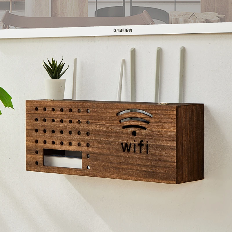 Wall Mount Cable Management Box Solid Wood WiFi Router Shelf Living Room TV Set-Top Box Organizer Wireless Storage Holder