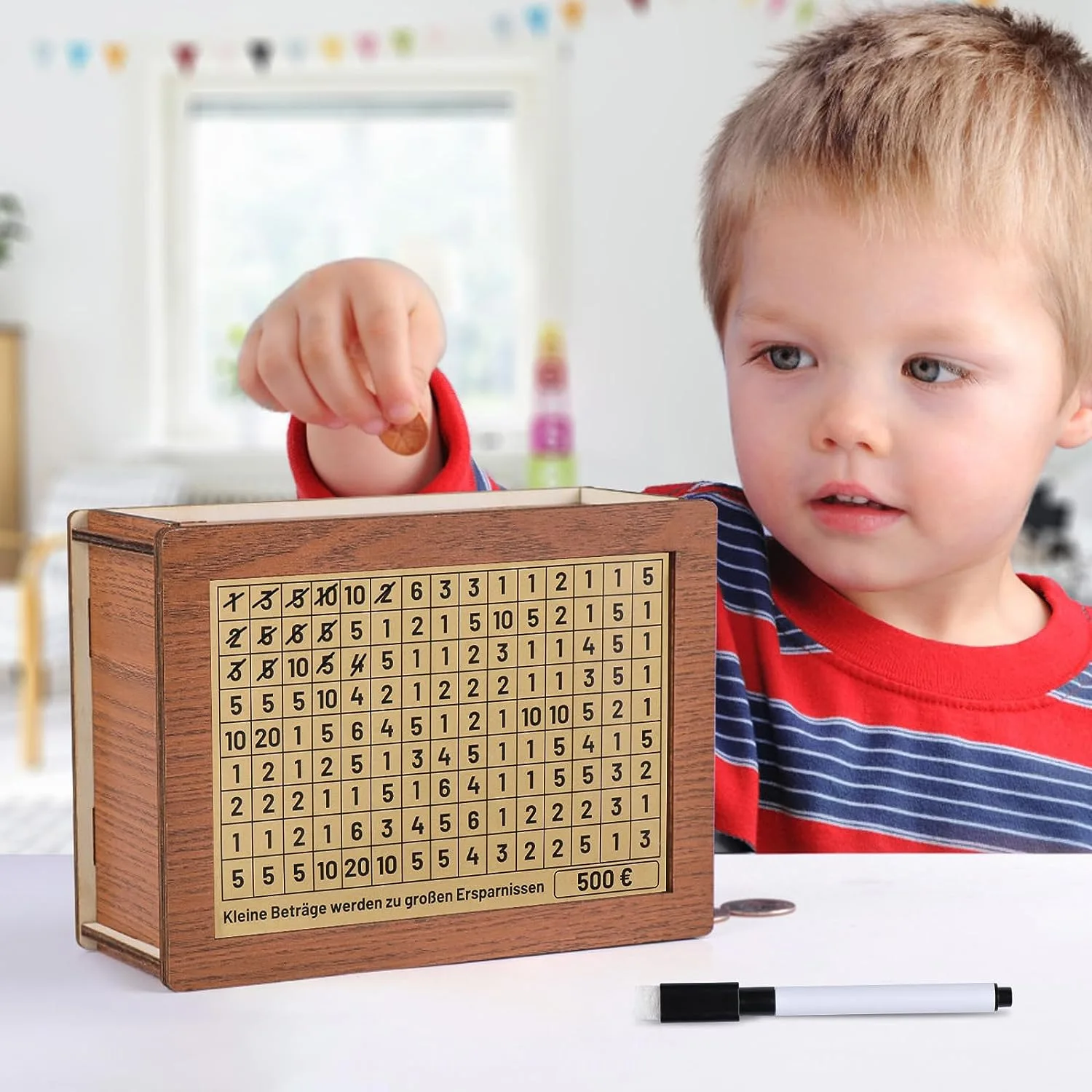 Wooden Piggy Bank with Counter, Money Saving Box, Piggy Bank with Paper Saving Goals and Numbers for Saving Euros