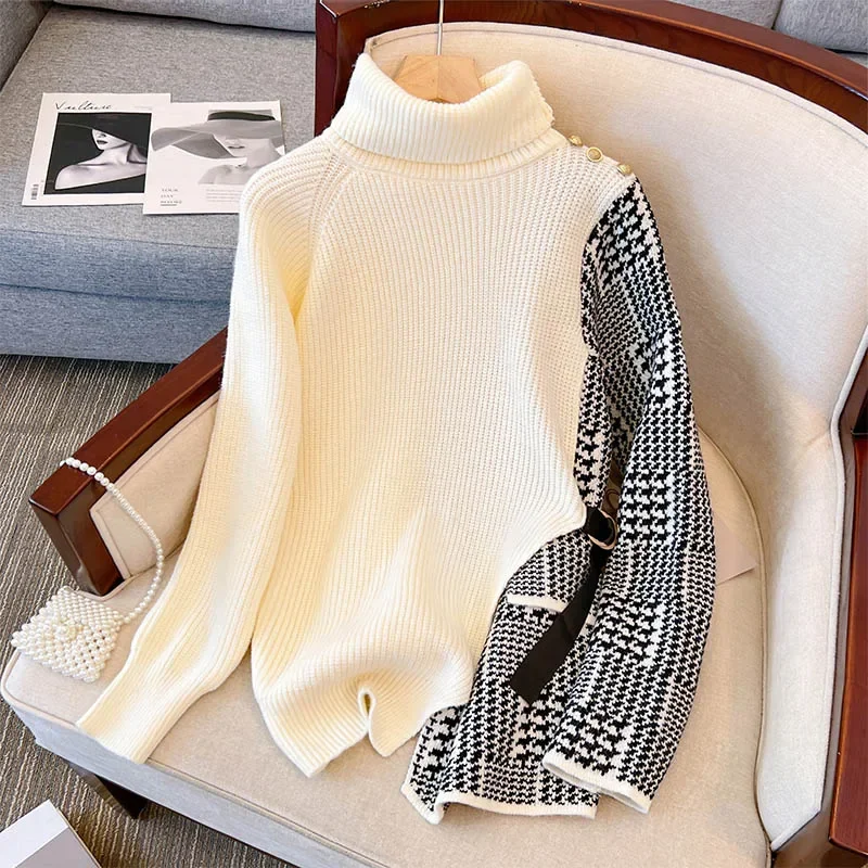 

Thousand Bird Plaid Splice Knitted Shirt Super Soft High Neck Loose Slim Knitted Top Women