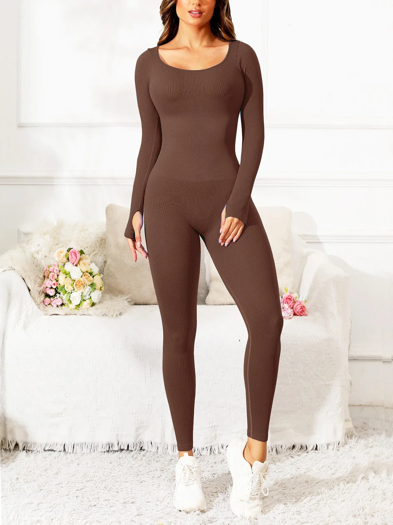 

Autumn and winter threaded one-piece yoga suit, sports and fitness jumpsuit, long sleeved women's pants for body shaping