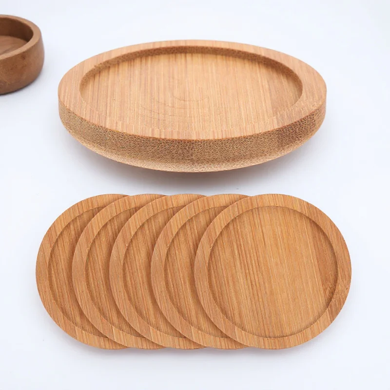 

6 Pcs Coffee Mug Bamboo Saucer Plate Coaster Wood Coasters Round Cup for Table Light Brown