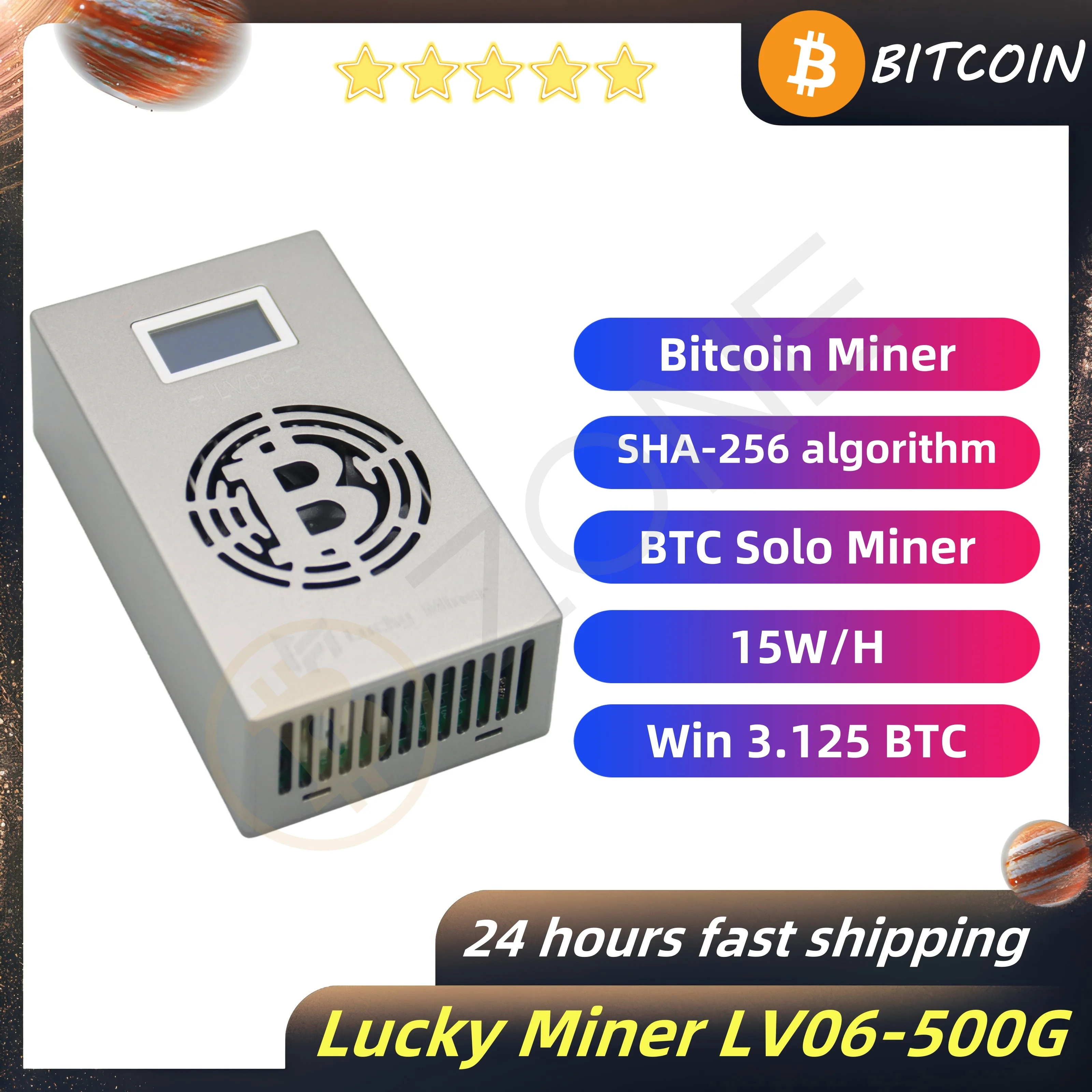 2024 baru Bitaxe Lucky Miner LV06 Firmware terbaru 500G Hashrate dengan 5V6A Universal/USA/EU/UK sumber daya listrik 35dB penambang diam