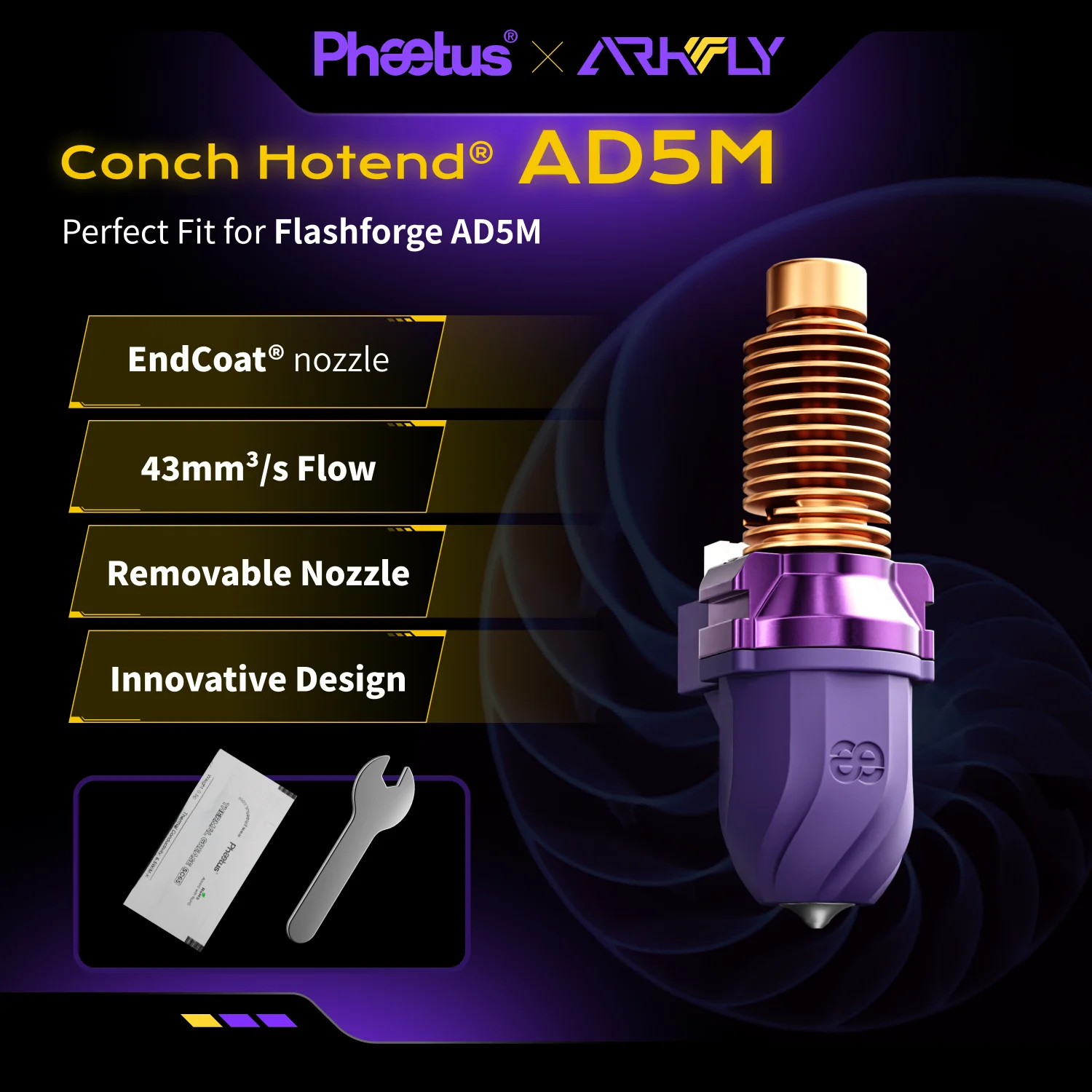 

Arkfly Phaetus Conch M6 Hotend for Flashforge AD5M pro with Detachable Endcoat 0.25/0.4/0.6/0.8mm Nozzles 3D Printer Parts