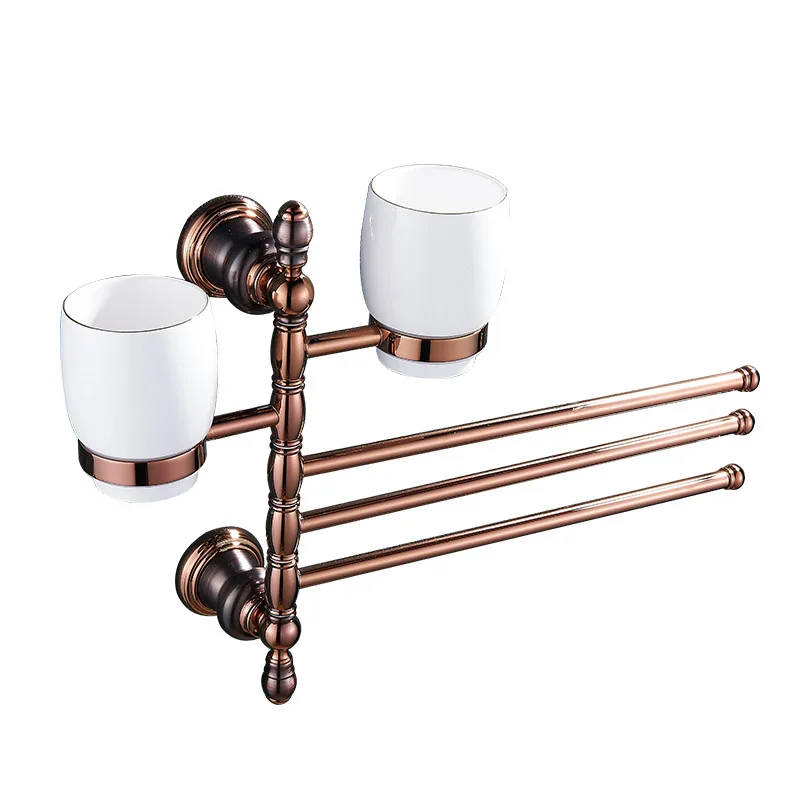 

Wall Mounted Rose Gold Stainless Steel Swivel Towel Bar, Bathroom Accessories Towel Rack Set with Toothbrush Holder