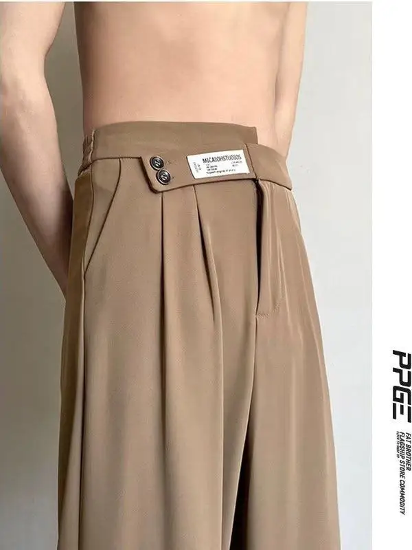 

Khaki Italian Neapolitan Silk Wide Leg Suit Pants Drapey High-End Feeling Straight Casual West Pants for Teenage Boys