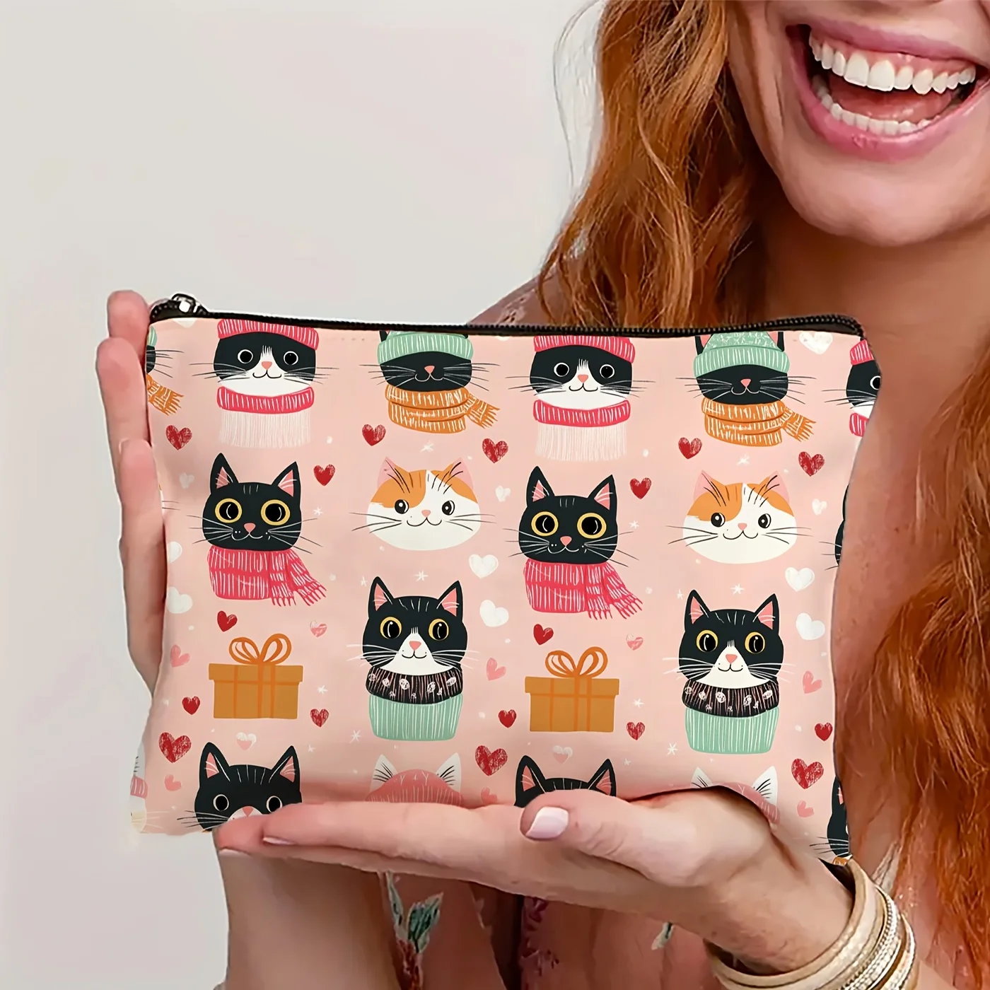 Borsa per il trucco con motivo sciarpa per il viso di gatto ACute: custodia multifunzionale con cerniera, borsa per riporre gioielli, piccolo contenitore con cerniera da viaggio perfetto