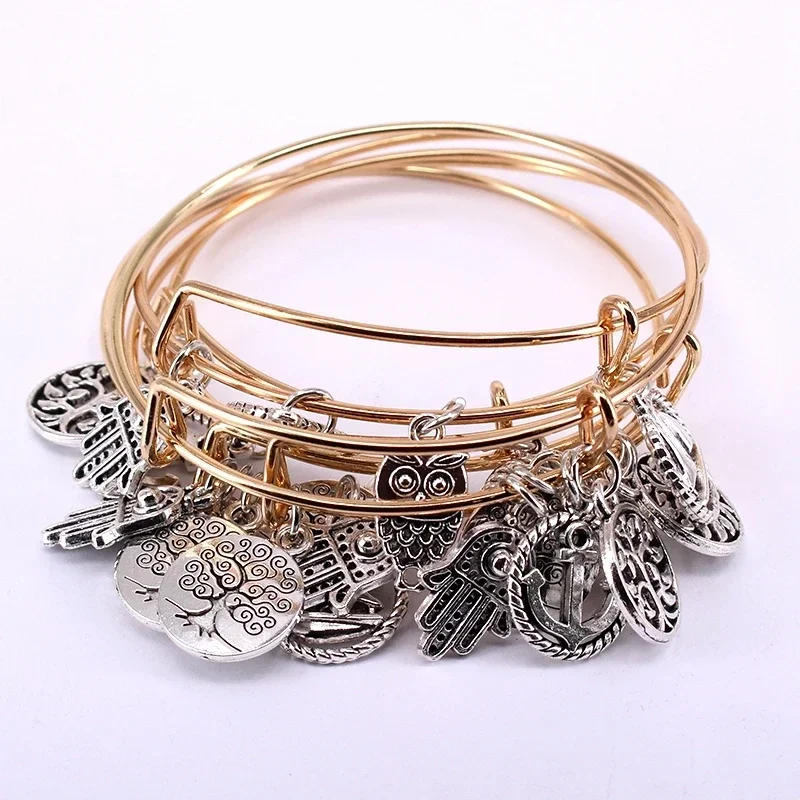 5pcs Bangle Set 4 Color Bracelets for Women Girls Jewelry Life Tree Hand Anchor Owl Charms Bangles Cuff Jewlery C048