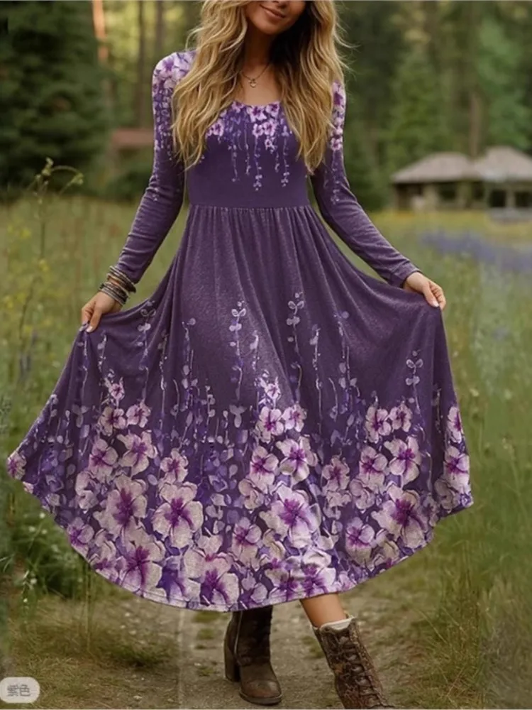 Casual Print Loose Dress For Women Fashion O Neck Long Sleeve Boho Holiday Vintage Dresses Vestidos Y2k Women's Clothing Autumn