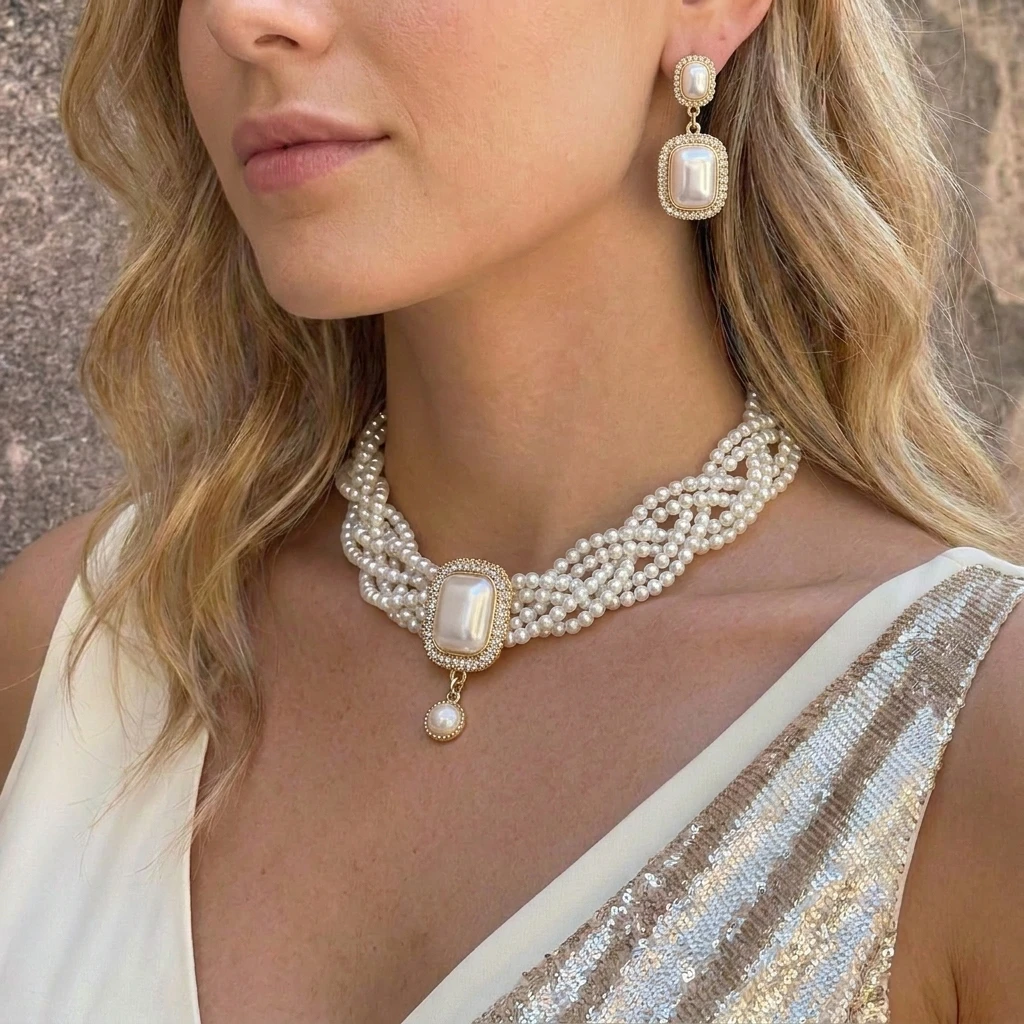 Leicht Luxuriöse Mehrschichtige Imitationsperlen-Choker-Halskette für Frauen Geometrische Quadratische Ohrringe Hochzeits- und Bankett-Schmucksets – Detail 2