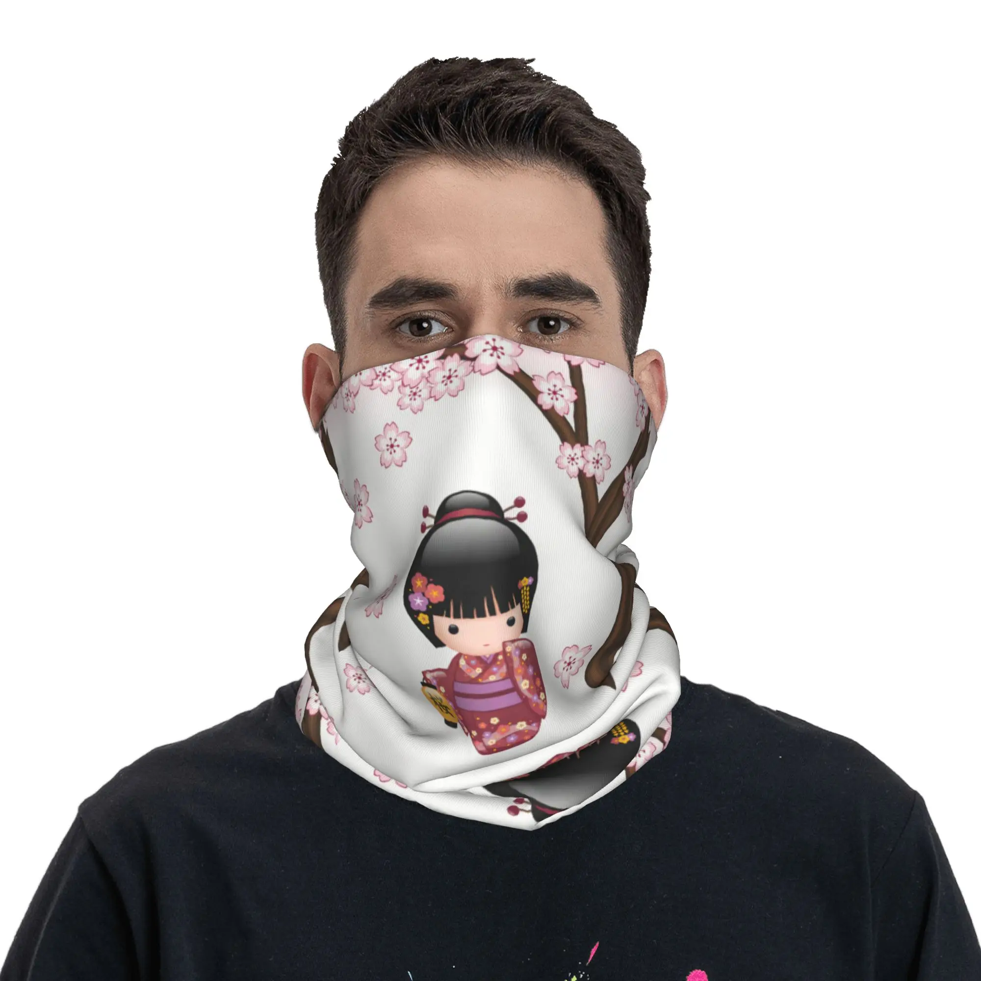 

Kawaii Kokeshi Doll Cherry Blossoms Bandana Neck Gaiter Windproof Face Scarf Cover Japanese Geisha Girl Art Headwear Balaclava