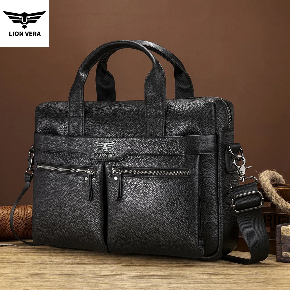LION VERA Men's Large Capacity Business Commuting Bag Genuine Leather Shoulder Portable Laptop Zipper Crossbody Briefcase
