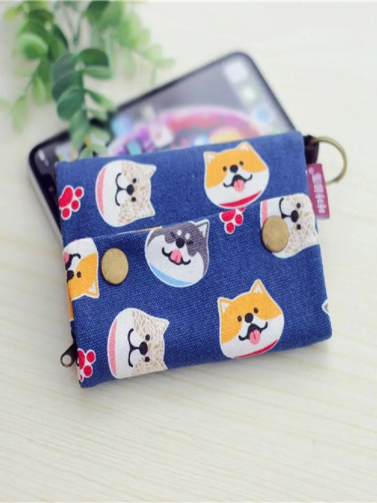 Multifunctional Portable Canvas Coin Purse Three Fold Print Maneki Neko Wallet Lightweight Lucky Cat Zipper Short Wallet Women