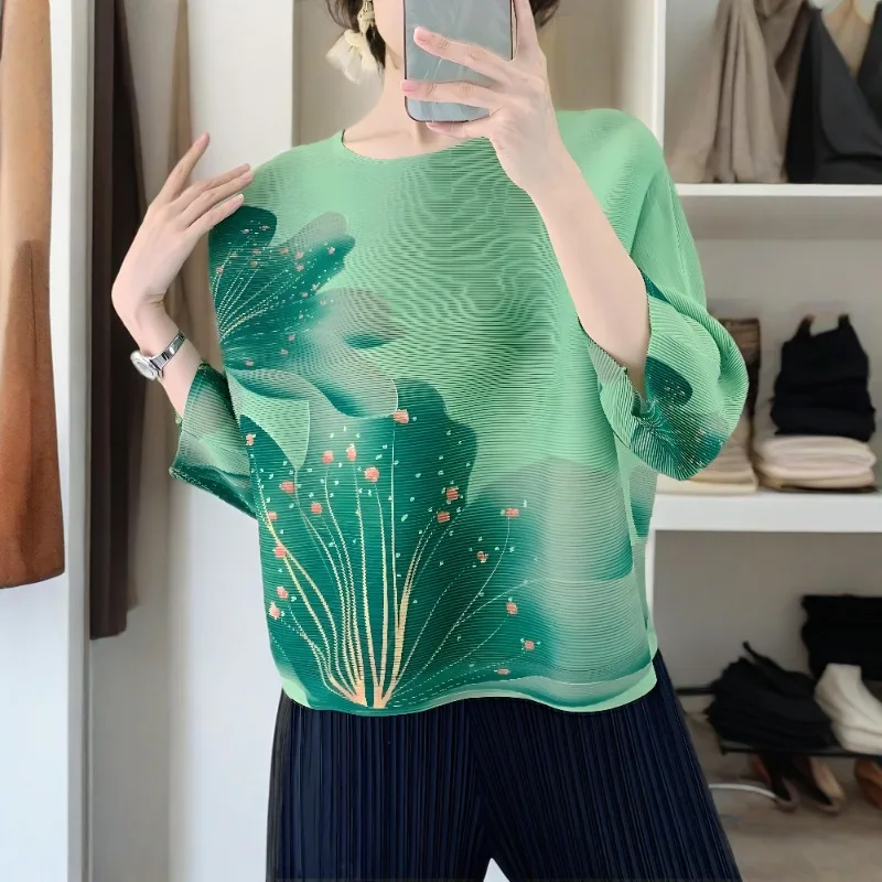 

Плиссированная футболка Miyake, новая футболка с длинными рукавами и принтом, свободные лето 2023, повседневные женские эластичные плиссированные топы с круглым вырезом