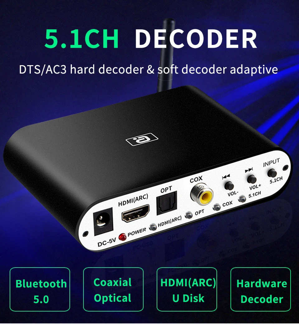 DA615H Audio Decoder Bluetooth 5.0 Reciever DAC 5.1CH BT 5.0 Soft Hard Decoding Optical Coaxial U play ARC DAC DTS AC3 Converter