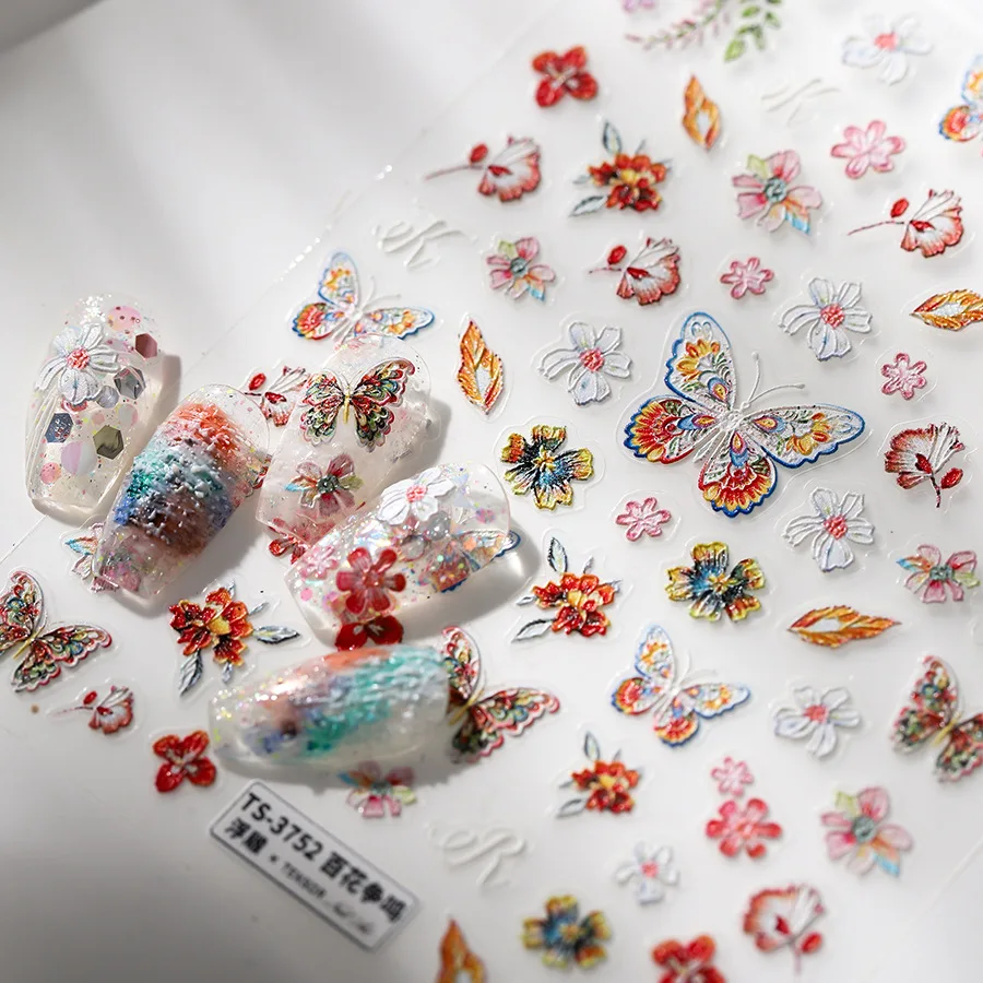 5D Relief Gorgeous Colorful Flowers Butterfly Complete In Beauty Adhesive Nail Art Stickers Decals Manicure Ornaments Suppliers