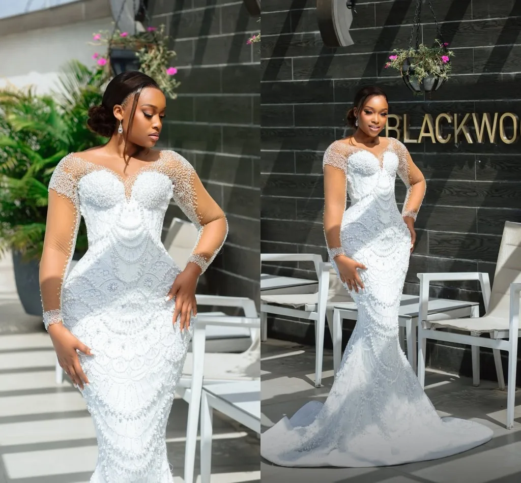 Stylish Sequins Wedding Dresses Pearls Mermaid Bridal Gowns Tiered Train Long Sleeves Bride Dresses Customized Vestidos De Novia