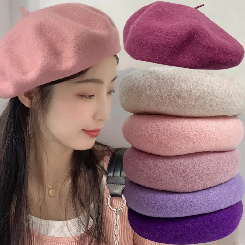 Elegant Women Wool Berets French Artist Style Warm Winter Beanie Hat Retro Plain Beret Solid Color Lady All Matched Autumn Caps