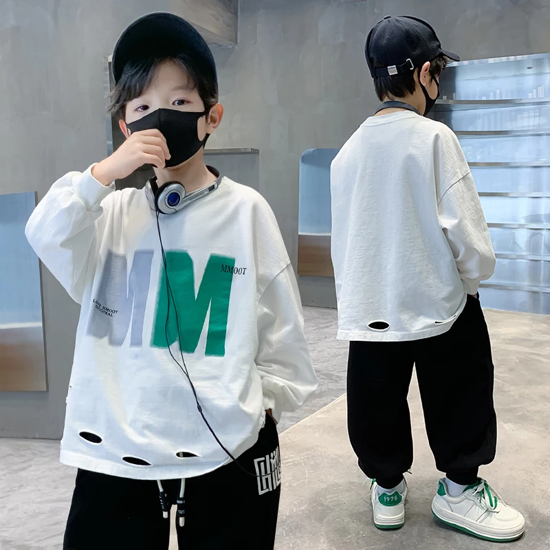 

Kids Fashion Casual Broken Sweatshirt T-shirt with Holes for Tween Boys Long Sleeve y2k Autumn Tshirt Children School Clothing
