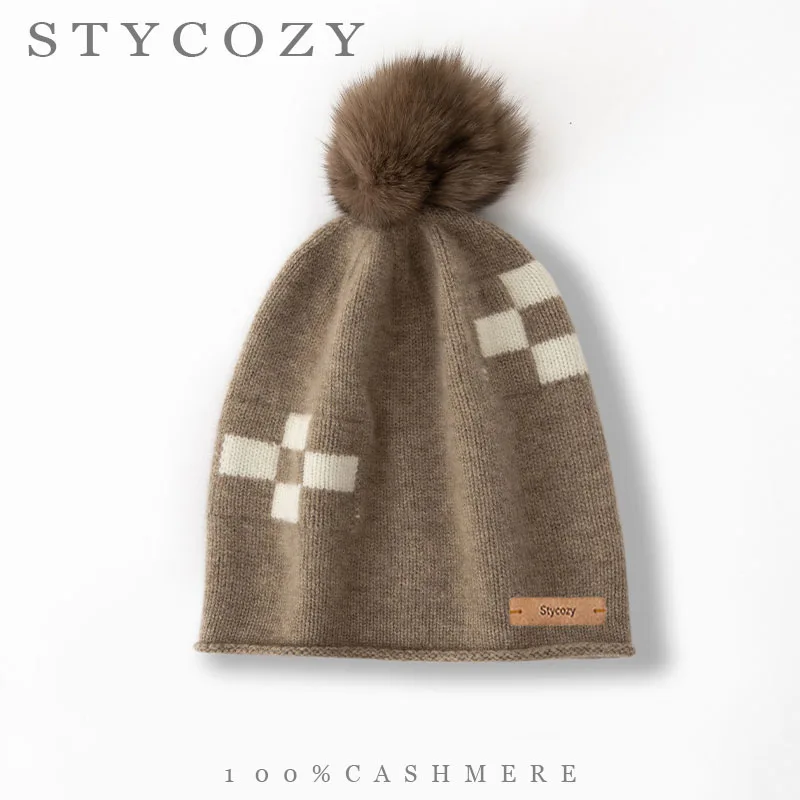 Women 100% Cashmere Mosaic Print Cuffed Knit Beanie Couple Pom Pom Rolled Brim Plaid Jacquard Skull Cap Winter Windproof Hat