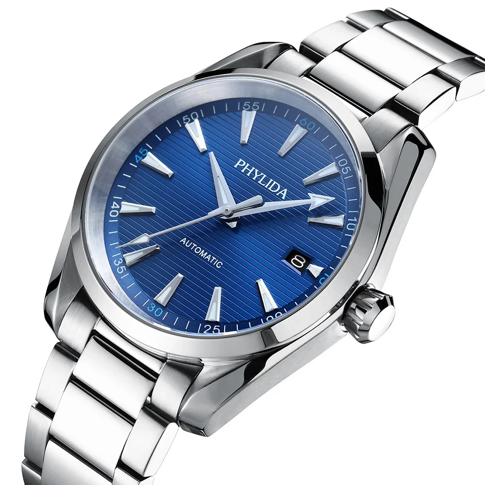 PHYLIDA 10BAR Water-resistant NH35 Automatic Watch Blue Dial Fashion Luxury Mechanical Wristwatch Solid SS Sapphire Crystal Aqua