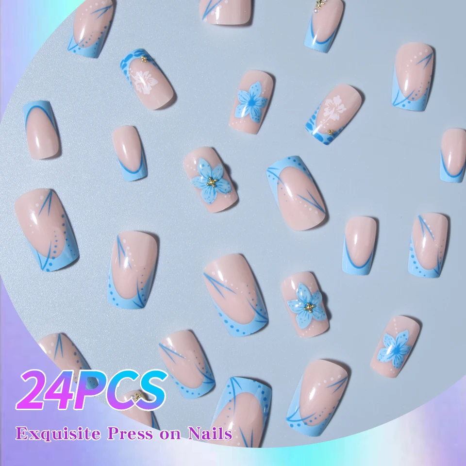 24 piezas de uñas postizas cortas cuadradas con gel 3D y decoración de perlas, francesas azul claro acrílicas, ajuste perfecto 3