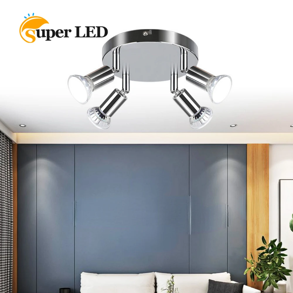 Lâmpada do teto LED com GU10 Soquete, Superfície Montada, Chrome, Black Spot Lights, Iluminação Interior, Sala de estar, Sala de jantar Iluminação, 4 Cabeças