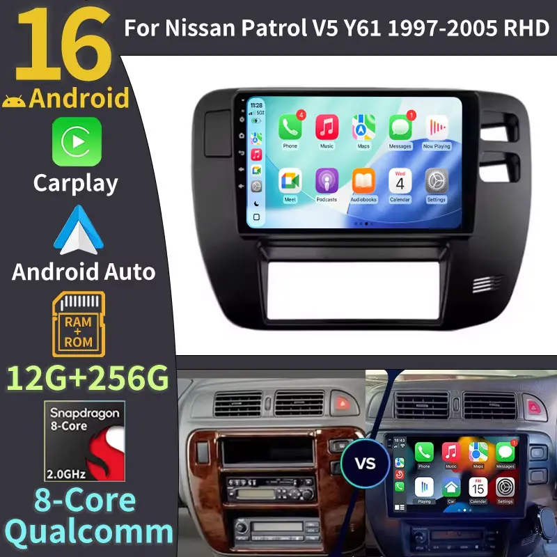 Wireless CarPlay Android Auto For Nissan Patrol V5 Y61 1997-2005 RIGHT-HAND Drive Android 16 Qualcomm Car Radio 2 DIN Autoradio