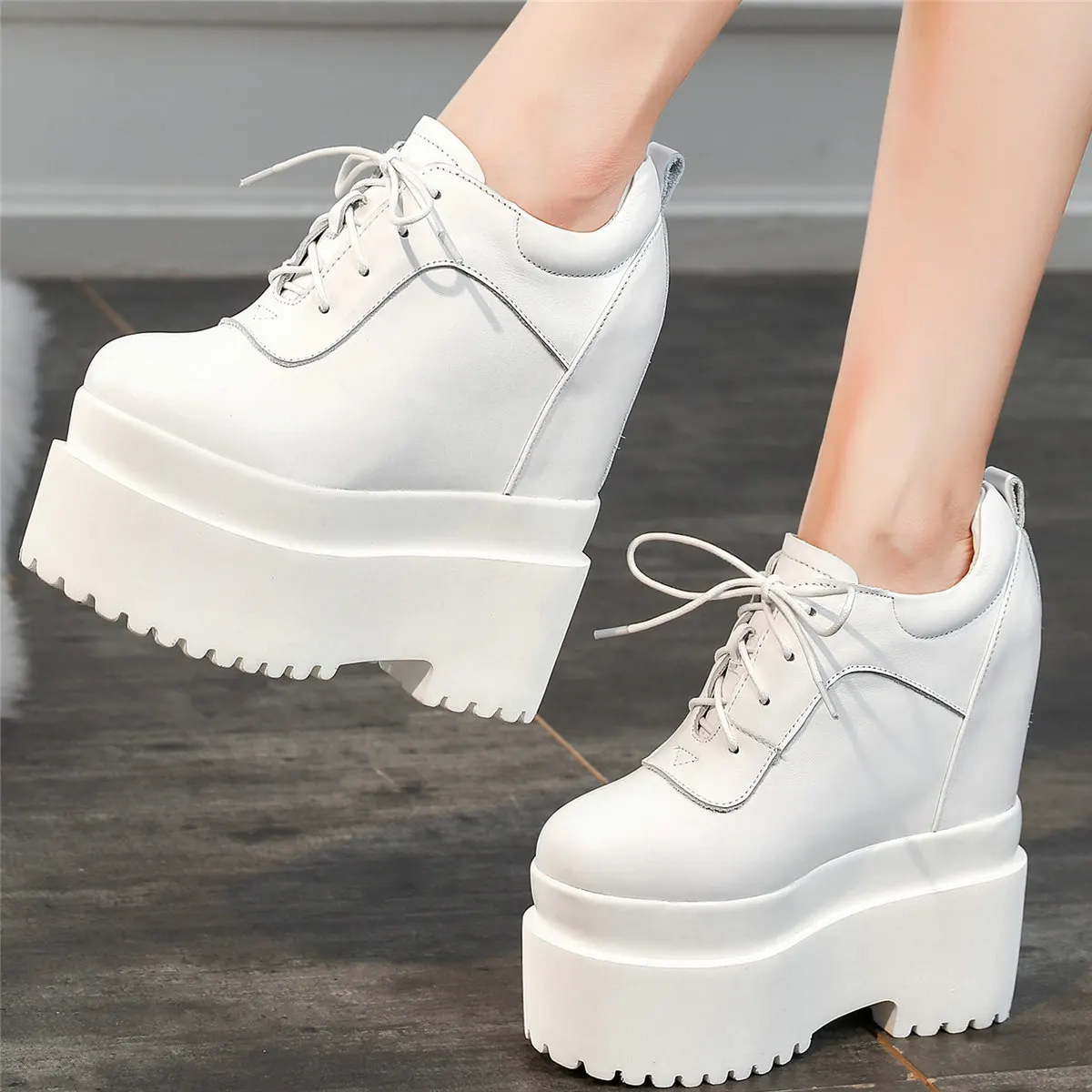 Plus Size Shoes Women Lace Up Genuine Leather Wedges High Heel Platform Pumps Female Round Toe Fashion Sneakers Big Size Shoes