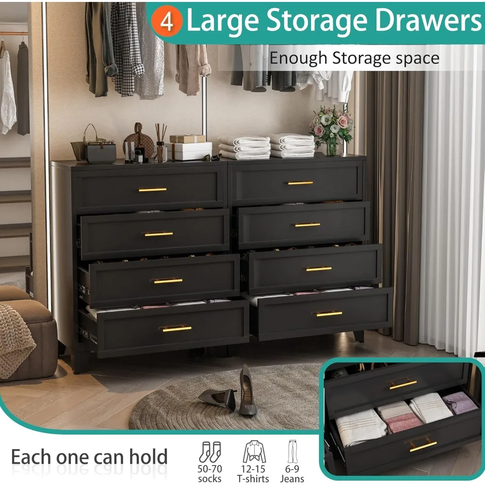 Tocador de dormitorio negro de 4 cajones, tocador de metal y gabinete con cajones, gabinete de almacenamiento alto 43,1, gabinete de almacenamiento grande