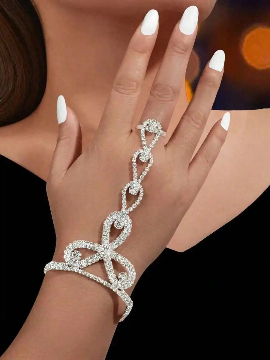 

1pc Glamorous Silver Hand Harness Bracelet With Ring Decor For Women Bridal Jewelry Prom Dating Party Wedding Daily Fashion Accessories Gifts