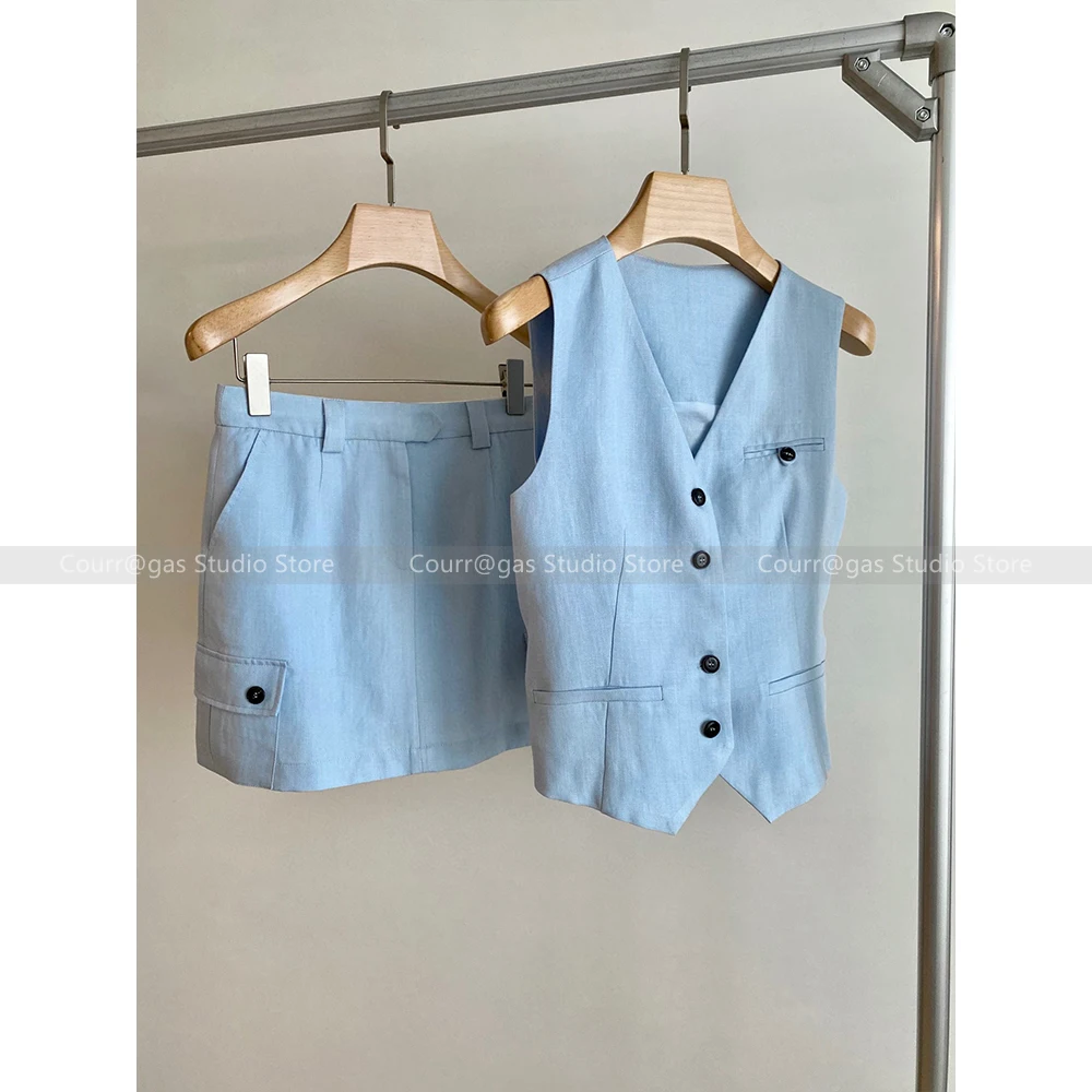 2024 Summer new fashion irregular vest jacket + shorts casual linen two-piece set women